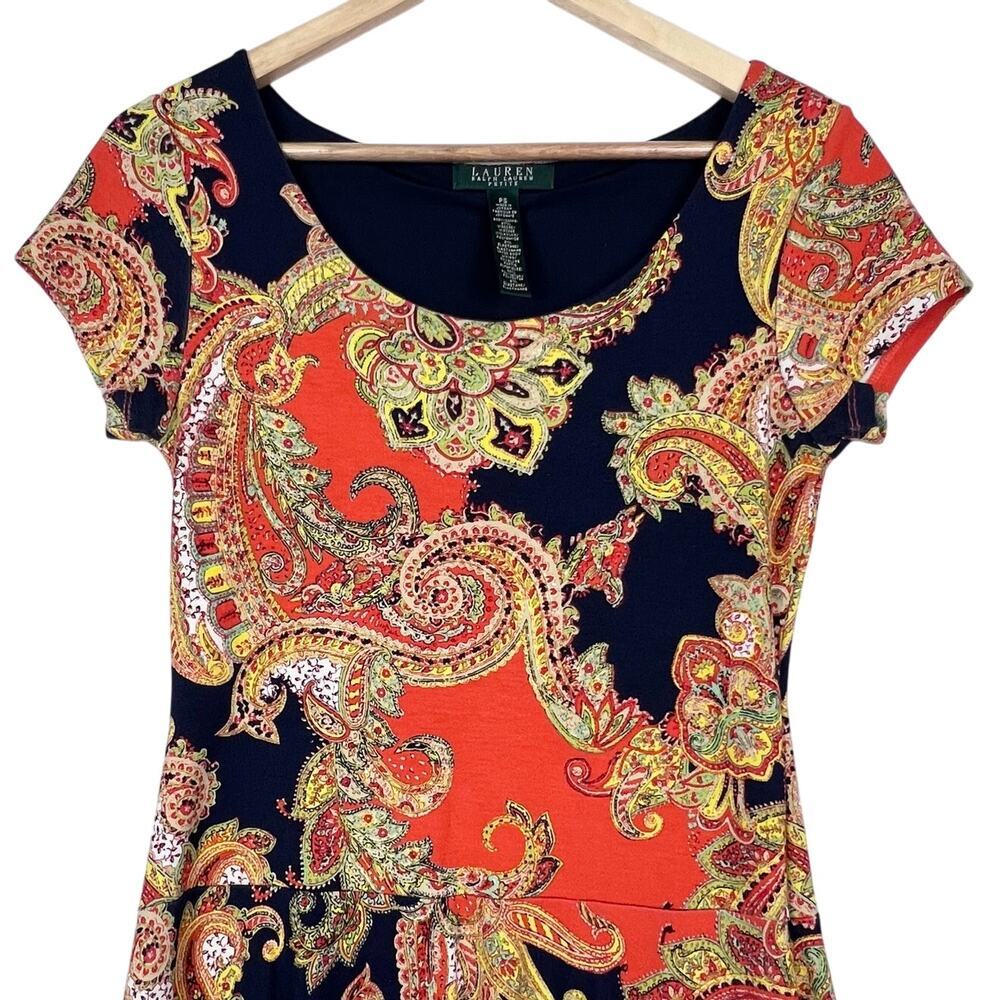 Ralph Lauren Jersey Paisley Orange Navy Blue Fit and Flare Dress Petite Small - Picture 4 of 9